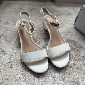 White Ankle Strap Block Heel Sandals 7.5